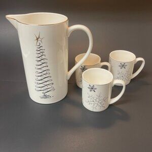 Servappetit Christmas Tree Pitcher with 3 Snowflake Mugs - Holiday Set